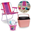 Kit Cadeira de Praia Infantil Rosa + Caixa Termica 6 Litros Rosa + Baldinho de Praia com 8 Peas
