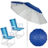 Kit 2 Cadeiras de Praia Alumnio Coloridas + Guarda Sol Piscina 2,40 M Listrado Articulado Fps 100