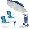 Kit Carrinho de Praia C/ Avano + Guarda Sol 2,40m Articulado + 2 Cadeiras de Praia em Ao + Saca Areia