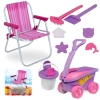 Kit Cadeira de Praia Infantil Rosa + Baldinho, Pazinha, Rastelo Brinquedos de Areia