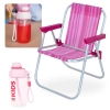 Kit Garrafa 660ml Squeeze Rosa Kids + Cadeira de Praia Infantil em Aluminio Bel
