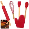 Kit Utensilios de Cozinha em Silicone e Bambu com Colher + Pincel + Fouet + Rolo + Luva