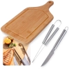 Kit para Churrasco 2 Peas Faca e Pegador em Ao Inox + Tbua de Carne 50cm Grande em Bambu com Ala