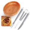 Kit para Churrasco 3 Peas Faca Garfo e Pegador Ao Inox + Gamela Bandeja Oval em Bamboo 33cm X 23cm