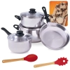 Kit Jogo de Panelas 4 Peas em Inox para Induo e a Gs Fundo Triplo + Colher e Garfo em Silicone