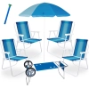 Kit 4 Cadeiras de Praia em Ao + Carrinho com Avano Azul + Guarda Sol 1,50 M + Saca Areia