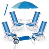 Kit 4 Cadeiras de Praia 4 Posi Aluminio + Carrinho com Avano Azul + Guarda Sol 1,50 M + Saca Areia