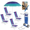 Kit 4 Cadeiras Praia Alumnio + Carrinho com Avano + Guarda Sol 1,50 M + Saca Areia Parque Piscina