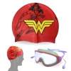 Kit Touca Infantil Personagem Mulher Maravilha + Oculos de Natao com Protetor de Ouvido para Praia