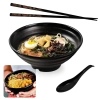 Kit Tigela Redonda 19 Cm em Melamina Preta + Colher + Par de Hashi Decorado