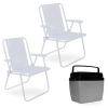 Kit 2 Cadeiras Praia Brancas Dobraveis + Caixa T�rmica 26 Litros Cinza e Preta para Casa, Jardim e Parque