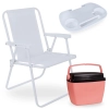 Kit Cadeira de Praia Branca Suporta 110 Kg + Caixa Termica Rosa 6 Lts + Mesa Porta Copos Porttil