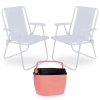 Kit 2 Cadeiras de Praia Branca Dobraveis Suporta 110 Kg + Caixa Termica Rosa 18 Litros Mor