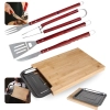 Kit Churrasco Tbua de Carne Corte 40cm Bambu e Gaveta Inox + 4 Peas Garfo Faca Pegador e Esptula em Inox