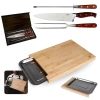 Kit Churrasco Tbua de Carne Corte 40cm Bambu e Gaveta Inox + 3 Peas Faca, Garfo e Afiador Mor