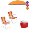 Kit 2 Cadeiras de Praia Alumnio + Guarda Sol 1,60m Colorido + Caixa Termica 26l Vermelha