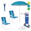 Kit 2 Cadeiras de Praia Ao + Guarda Sol 1,60m Colorido + Carrinho com Avano + Saca Areia Azul