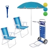 Kit 2 Cadeiras de Praia Aluminio + Guarda Sol 1,60m Colorido + Carrinho com Avano + Saca Areia Azul