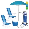 Kit 2 Cadeiras de Praia 4 Pos Ao + Carrinho Avano + Guarda Sol Colorido 1,60m + Caixa Termica 18l Azul