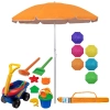 Kit Carrinho Brinquedo de Praia Areia com Baldinho, Pazinhas e Forminhas + Guarda Sol 1,60m Aluminio Colorido