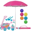 Kit Carrinho Brinquedo de Praia Areia Baldinho, Pazinhas e Forminhas Rosa + Guarda Sol 1,60m Aluminio Colorido