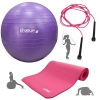 Kit Bola Anti Estouro Pilates Roxa 55cm+ Bomba Inflar+ Colchonete Rosa 1,80m+ Corda Pular Treino Yoga