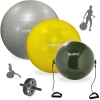 Kit Bola Pilates Amarela 75cm + Bola Extensor 65cm + Cinza 85 Cm + Bomba Inflar + Rodinha Abdominal