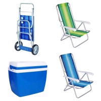 Kit Carrinho de Praia com Avanço + 2 Cadeiras 8 Posições Aluminio + Caixa Térmica 34 Litros Azul