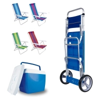 Kit Carrinho de Praia com Avano + 4 Cadeiras com 4 Posies em Aluminio + Caixa Trmica 34 Litros