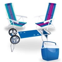 Kit Carrinho de Praia com Avano + 2 Cadeiras 8 Posies em Ao + Caixa Trmica 18 Litros