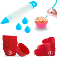 Kit 18 Forminhas Silicone + Bisnaga Caneta Decoradora Azul para Bolos e Cupcakes