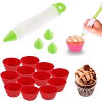 Kit 12 Forminha Silicone + Bisnaga Caneta para Decorao Verde para Bolos e Cupcakes