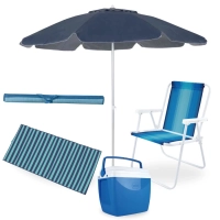 Kit Praia com Guarda Sol 2 M, Cadeira de Praia, Caixa Trmica e Esteira