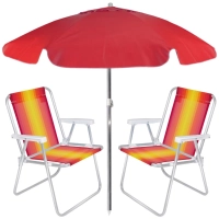 Kit Praia com Guarda Sol Vermelho 1,60 M e 2 Cadeiras de Praia