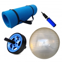 Kit Bola Pilates 65 Cm + Bomba + Colchonete Eva + Roda de Exercios Azul