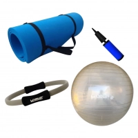Kit Bola Pilates 65cm + Bomba + Arco Cinza + Colchonete Azul
