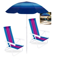 Kit 2 Cadeiras de Praia Reclinvel 4 Posies Ao + Guarda-sol Fps 70 1,50 M Piscina Parque