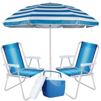 Kit Praia Guarda Sol Azul Listrado + 2 Cadeiras de Praia + Caixa Térmica 18 L