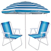 Kit Praia Guarda Sol Azul Listrado Articulado + 2 Cadeiras de Praia