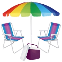Kit Praia Guarda Sol Colorido Articulado + 2 Cadeiras de Praia + Caixa Trmica