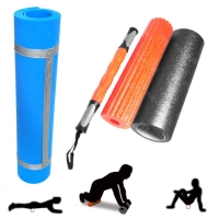 Kit Rolo 3 em 1 Fit Roll Foam Roller Pilates Yoga + Colchonete Eva Azul