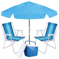 Kit Praia Guarda Sol Azul + 2 Cadeiras de Praia + Caixa Trmica 18 Litros