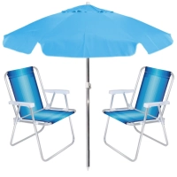 Kit Praia Guarda Sol Azul 1,60m + 2 Cadeiras de Praia