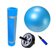 Kit Bola Suia 65cm + Colchonete Eva 1,70 Mts Azul + Roda de Exerccios + Bomba