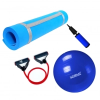 Kit Bola 65cm Pilates + Tapete Eva 1,70m Azul + Extensor Elstico Super Forte