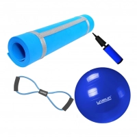 Kit Bola 65cm Pilates + Tapete Eva 1,70m Azul + Extensor em Oito Forte