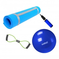 Kit Bola 65cm Pilates + Tapete Eva 1,70m Azul + Extensor em Oito Tenso Media