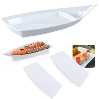 Kit Barca 58 Cm + 2 Pratos Retos para Sushi Buffet Comida Japonesa em Melamina Branca