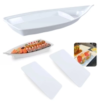 Kit Barca 40 Cm + 2 Pratos Retos para Sushi Buffet Comida Japonesa em Melamina Branco