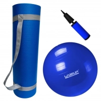 Kit Bola 65cm Pilates + Colchonete Tapete Azul Eva com Ala + Bomba
